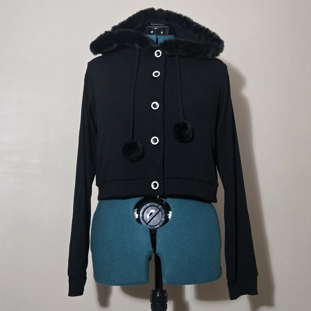 Disturbia Black Cardigan Faux Fur Hoodie With Pom Poms Goth Emo AW22 Deadstock